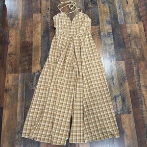 Free People Yellow Plaid Kaia Wide Leg Jumpsuit
